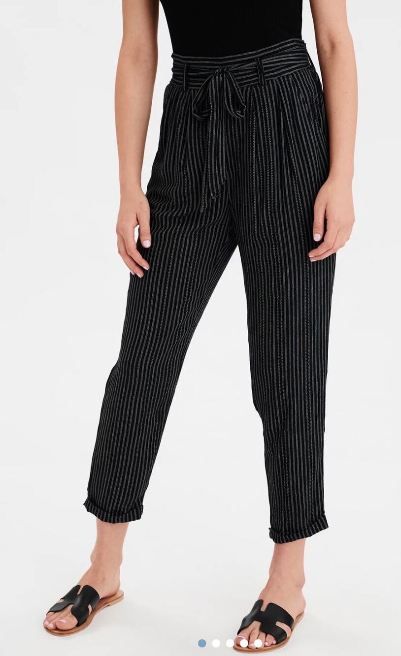 NWT American Eagle Black Gray Pinstripe High Waisted Belt Tapered Leg Size Small